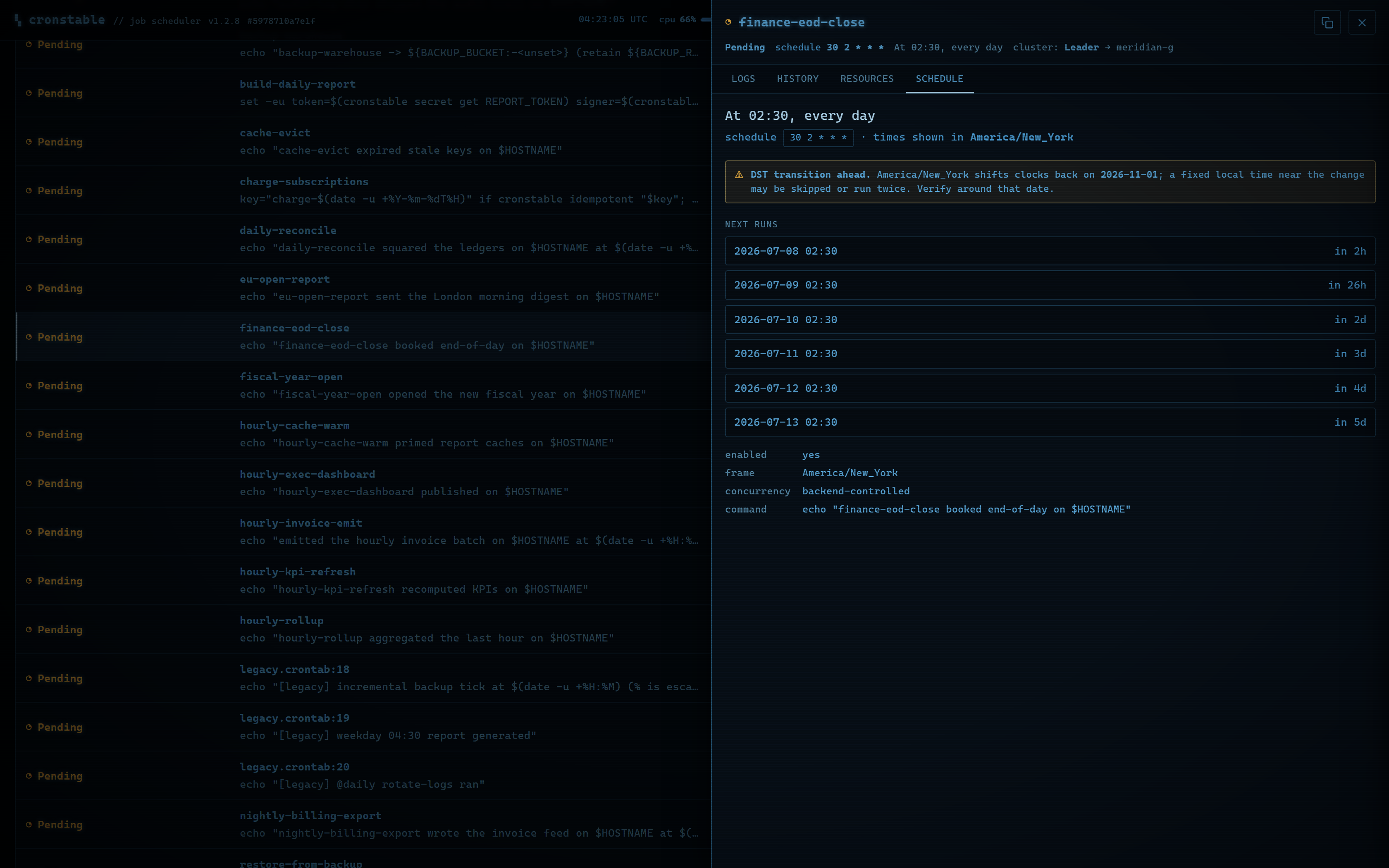 A plain-English schedule with timezone-aware next-run times