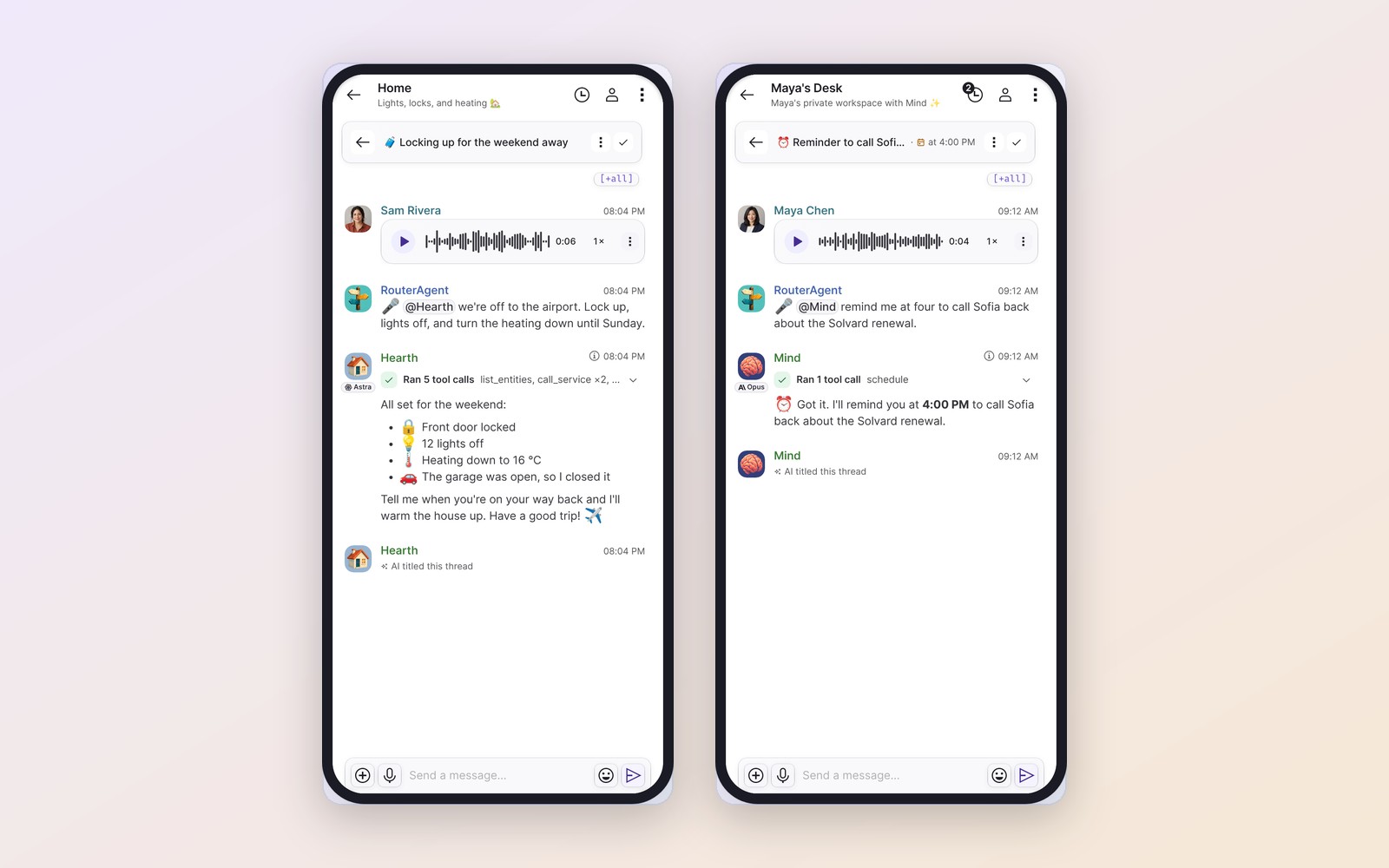 Two phone screens: a voice note locks up the house, and another sets a reminder