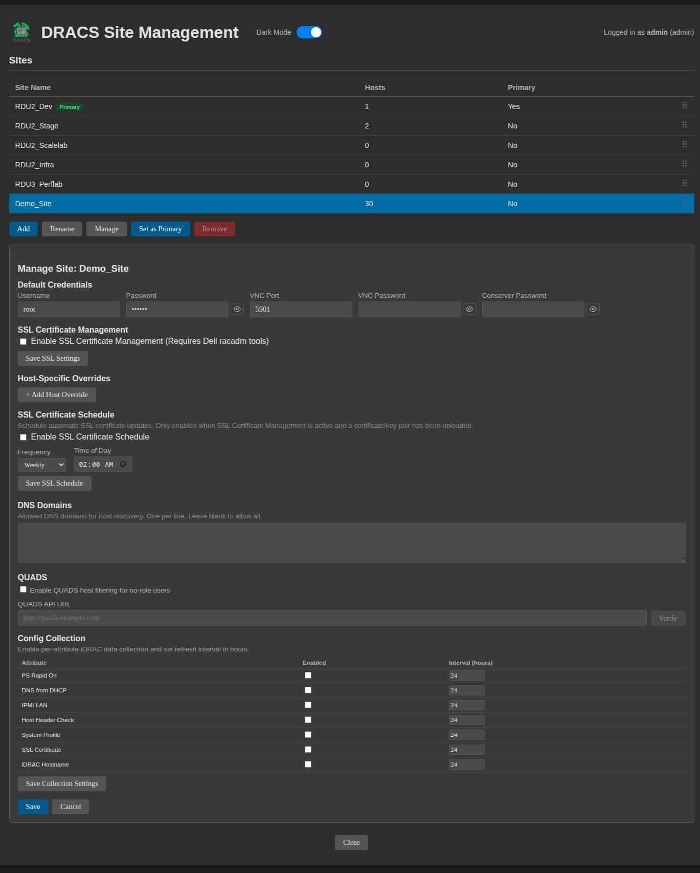 Sites management — superadmin view
