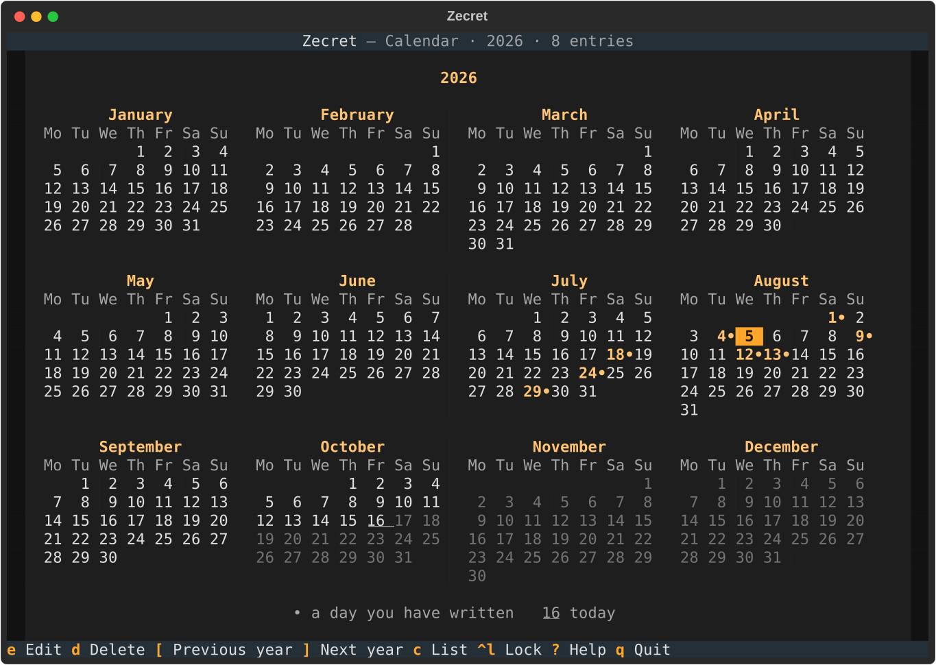 The calendar view: the months of a year laid out in a grid, with the days already written marked and the cursor on a day that was missed