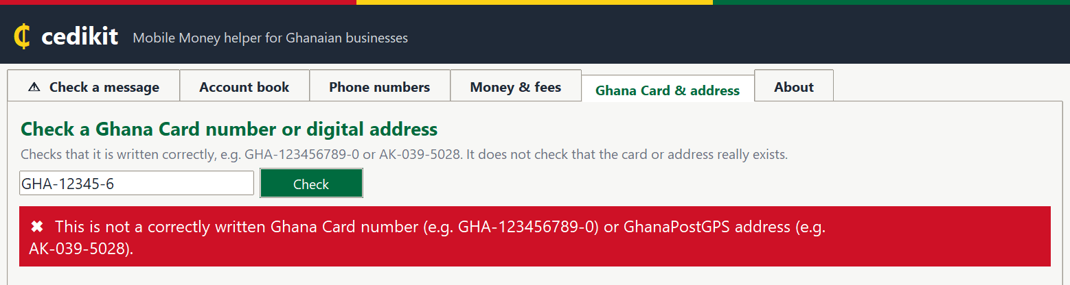 An incorrectly written Ghana Card number rejected