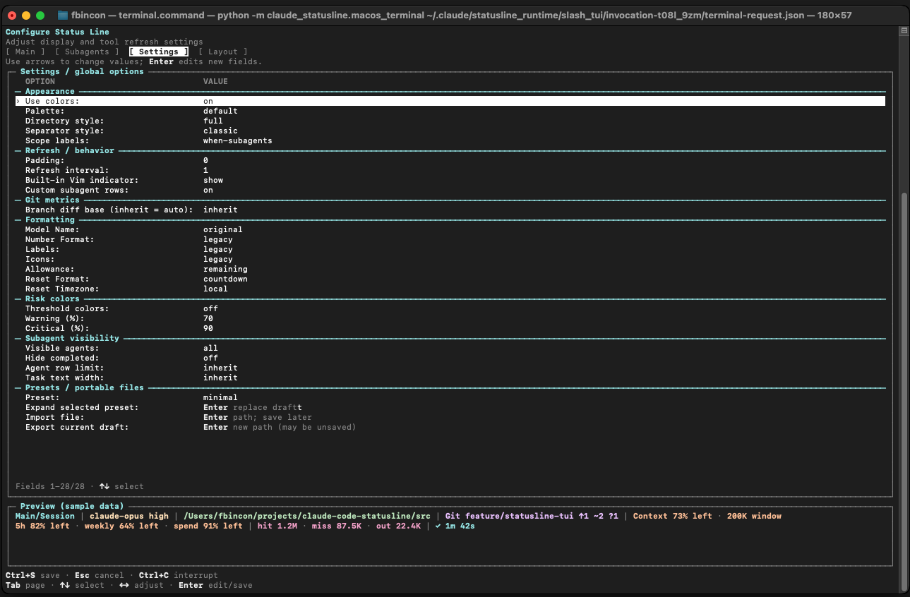 macOS external TUI Settings page with sample preview