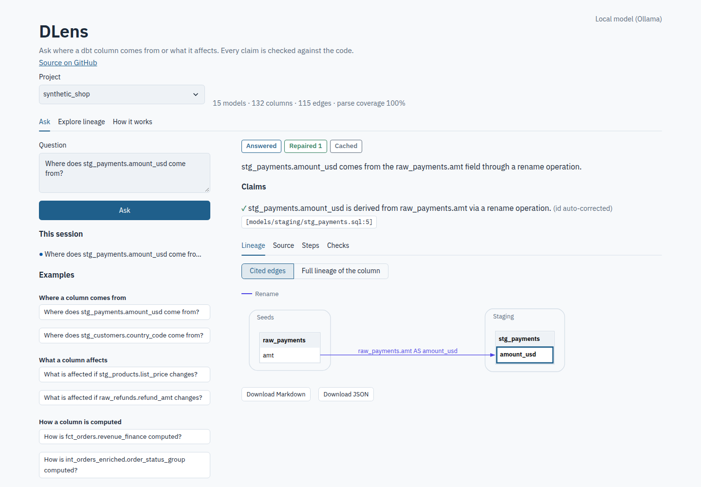 DLens UI: a cited answer with its column-level lineage diagram