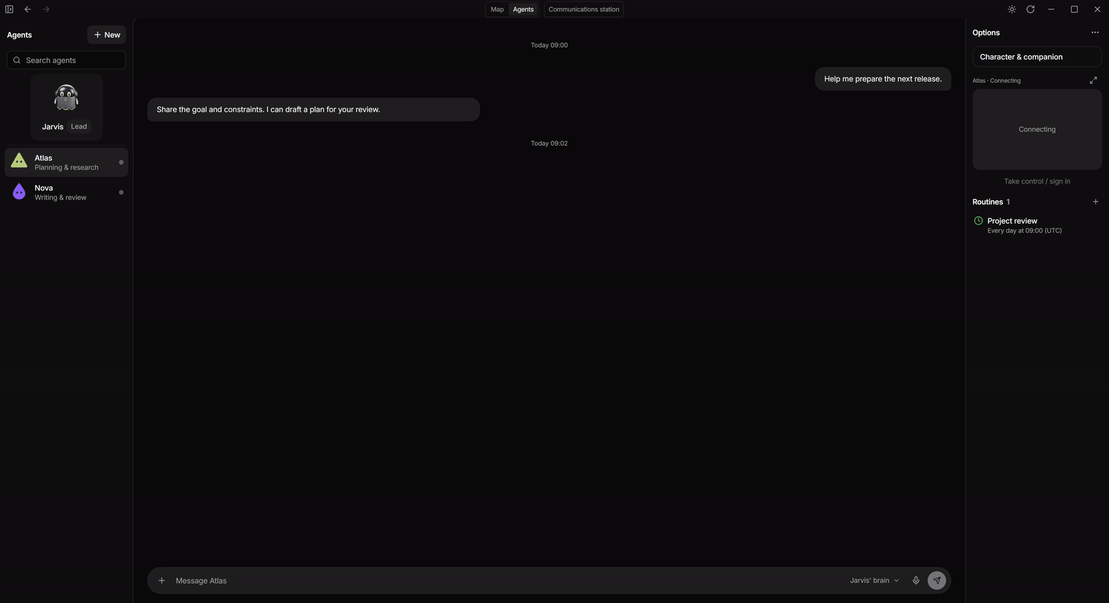 Agents workspace recreation: send a brief, watch the live thinking trace, then read the streaming reply and completed plan