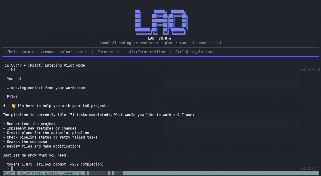 LAO Pilot Mode chat with status bar and LAO ASCII branding