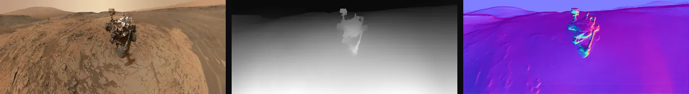 A photograph, the depth map estimated from it, and the resulting normal map