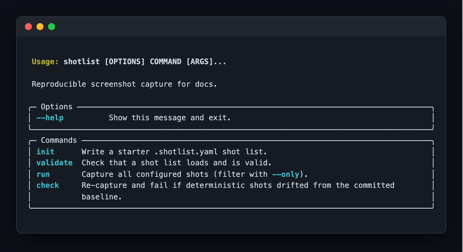 shotlist --help showing the init, validate, and run commands