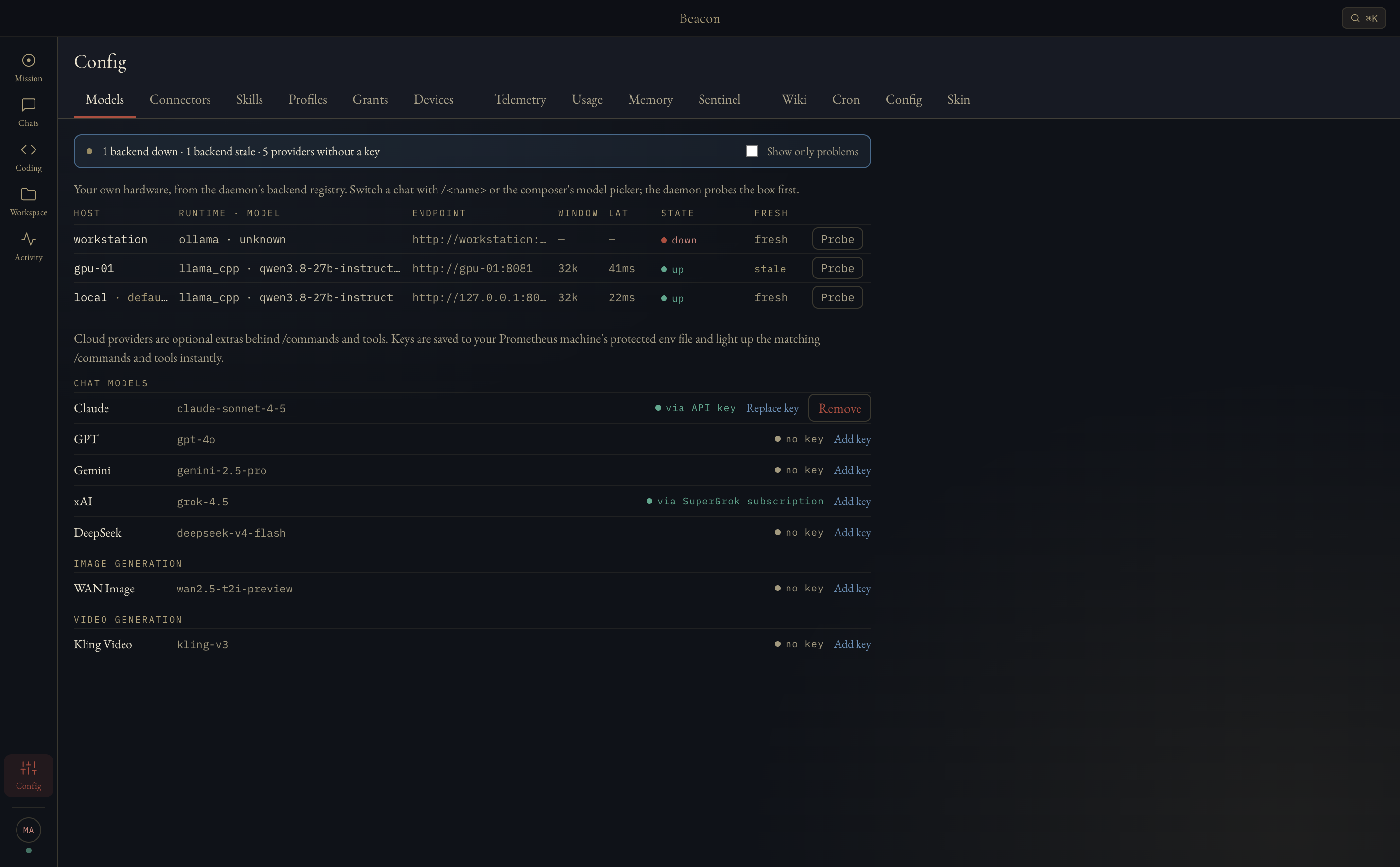 Beacon's Models tab — per-provider keys, auth-mode badges, and SuperGrok subscription sign-in