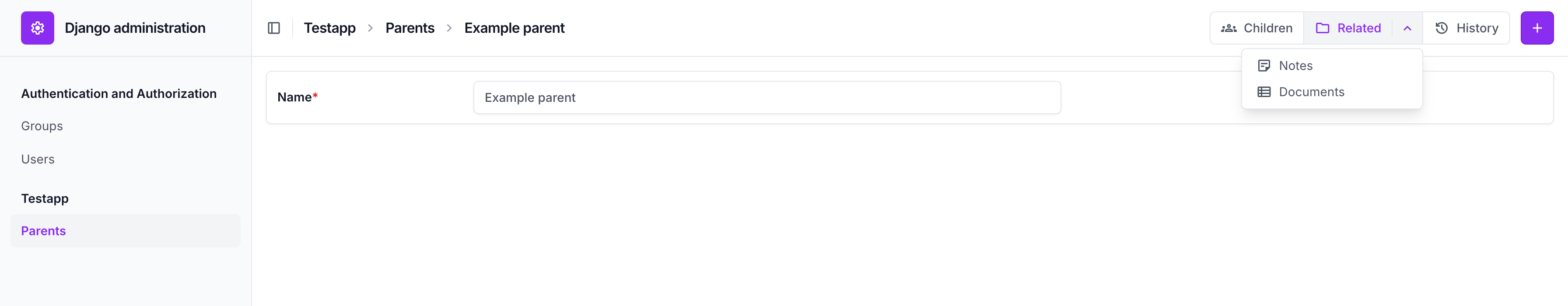 Parent admin with a direct Children link and an open Related dropdown