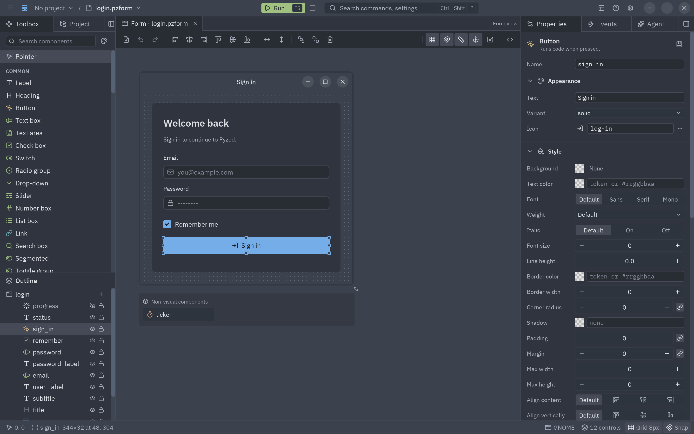 Pyzed Design with a sign-in form open