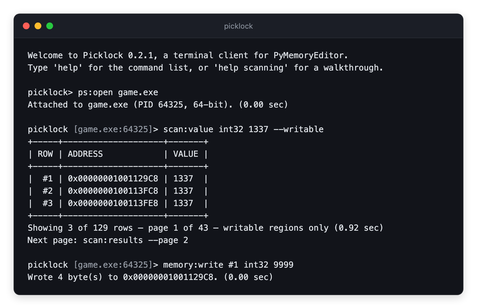 A Picklock session: attaching to a process, scanning for a value, and writing to it