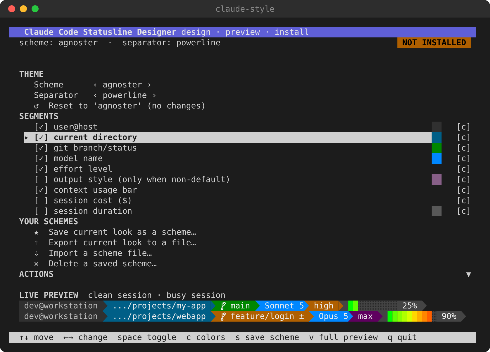 The designer: theme and segment settings above a live preview of two sample statuslines