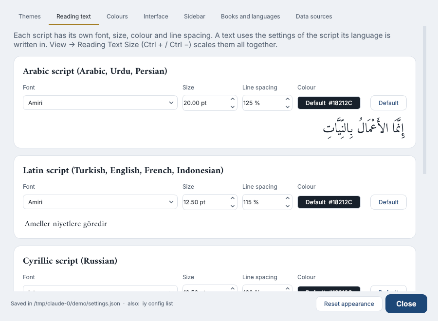 Preferences — font, size, line spacing and colour for each script
