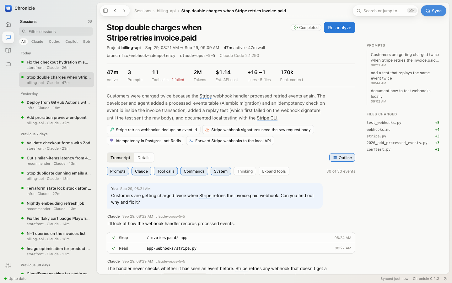 Chronicle's session page: the conversation with one-line tool calls, the knowledge extracted from it, and an outline of the prompts