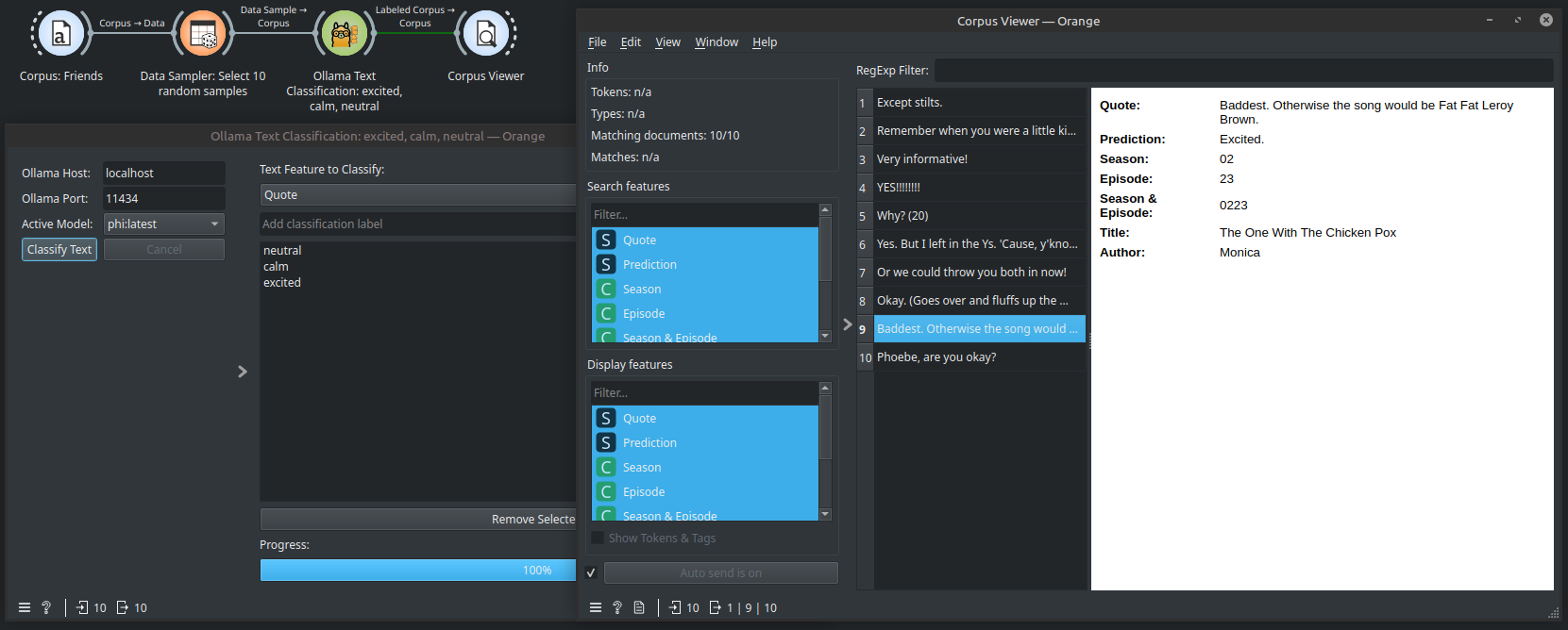 Example Orange3 workflow using the Ollama Text Classification widget to determine if a line from the show Friends is male, female, or neutral.