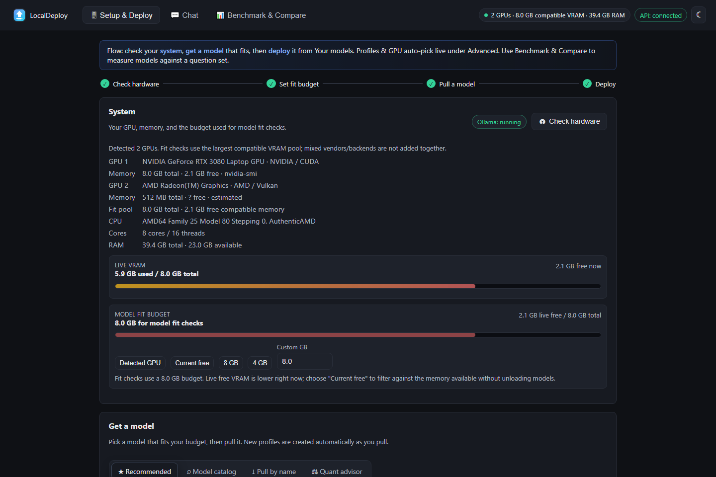 Setup and Deploy tab with hardware detection, live VRAM, and model fit information