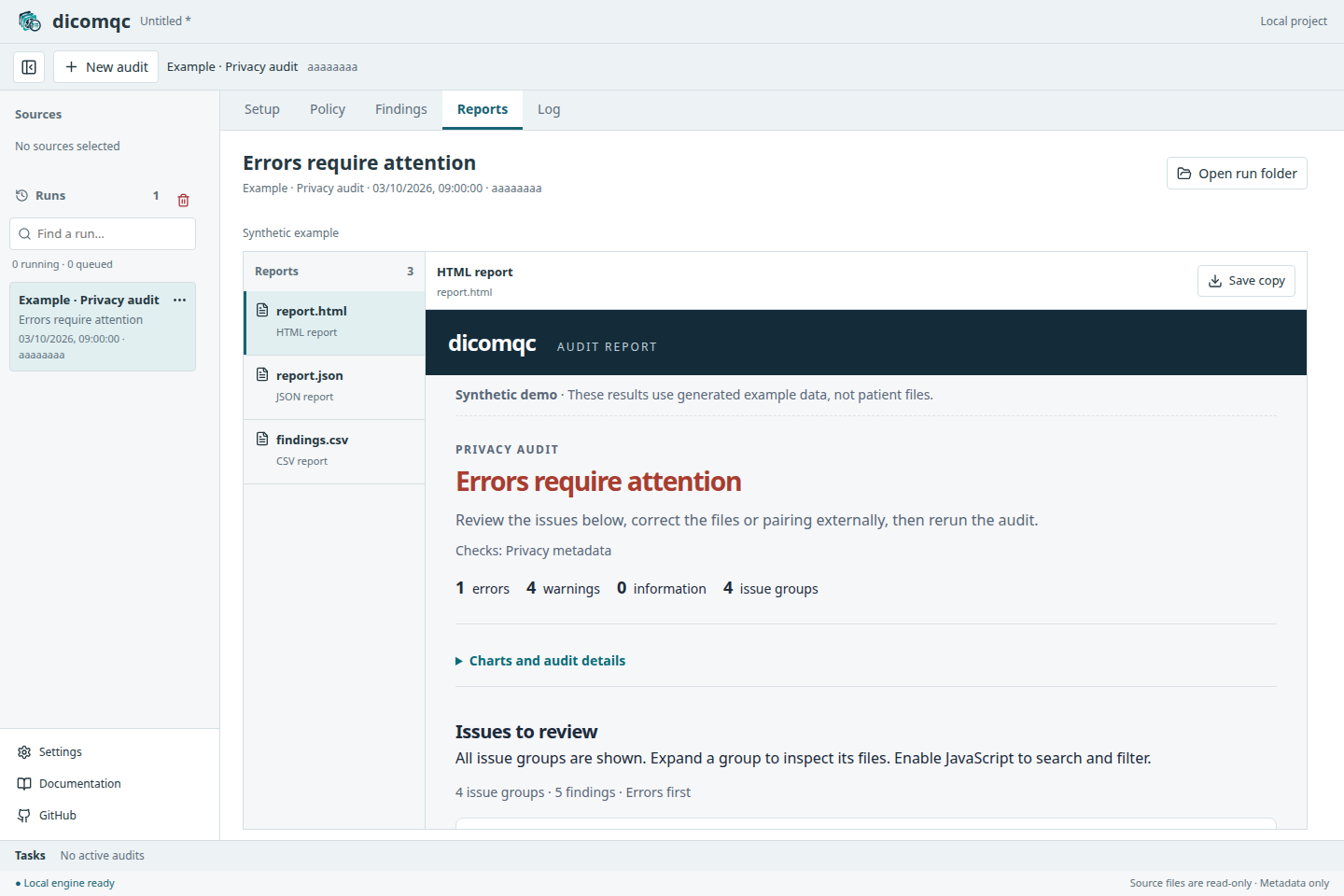 dicomqc desktop workspace with run history and an HTML report preview.