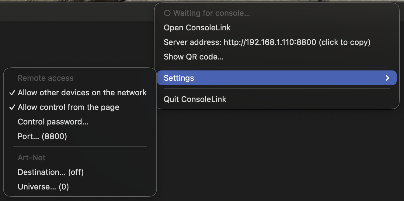 consolelink menubar: GUI for all options