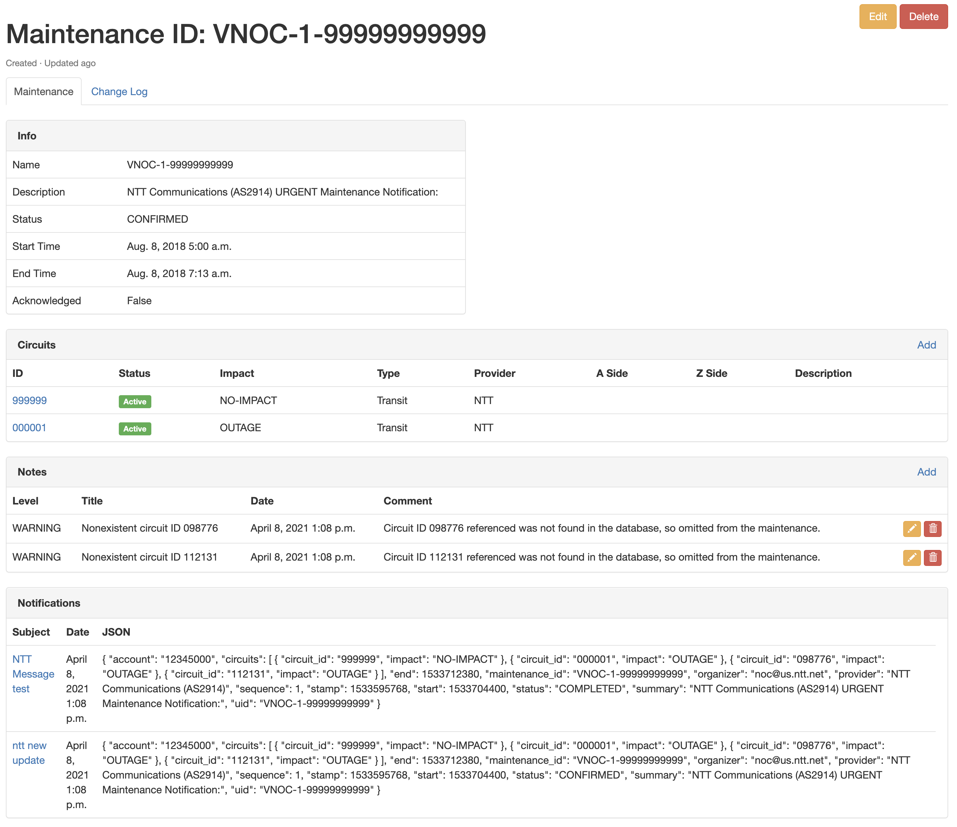 Example Circuit Maintenance View