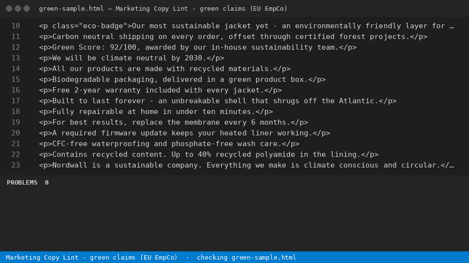 Marketing Copy Lint - green claims (EU EmpCo) — finds the line