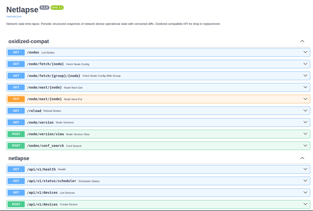 Auto-generated OpenAPI 3.1 docs at /docs — two endpoint groups side by side: oxidized-compat (the drop-in /nodes, /node/fetch, /node/next, conf_search surface) and netlapse (the native /api/v1 REST API)
