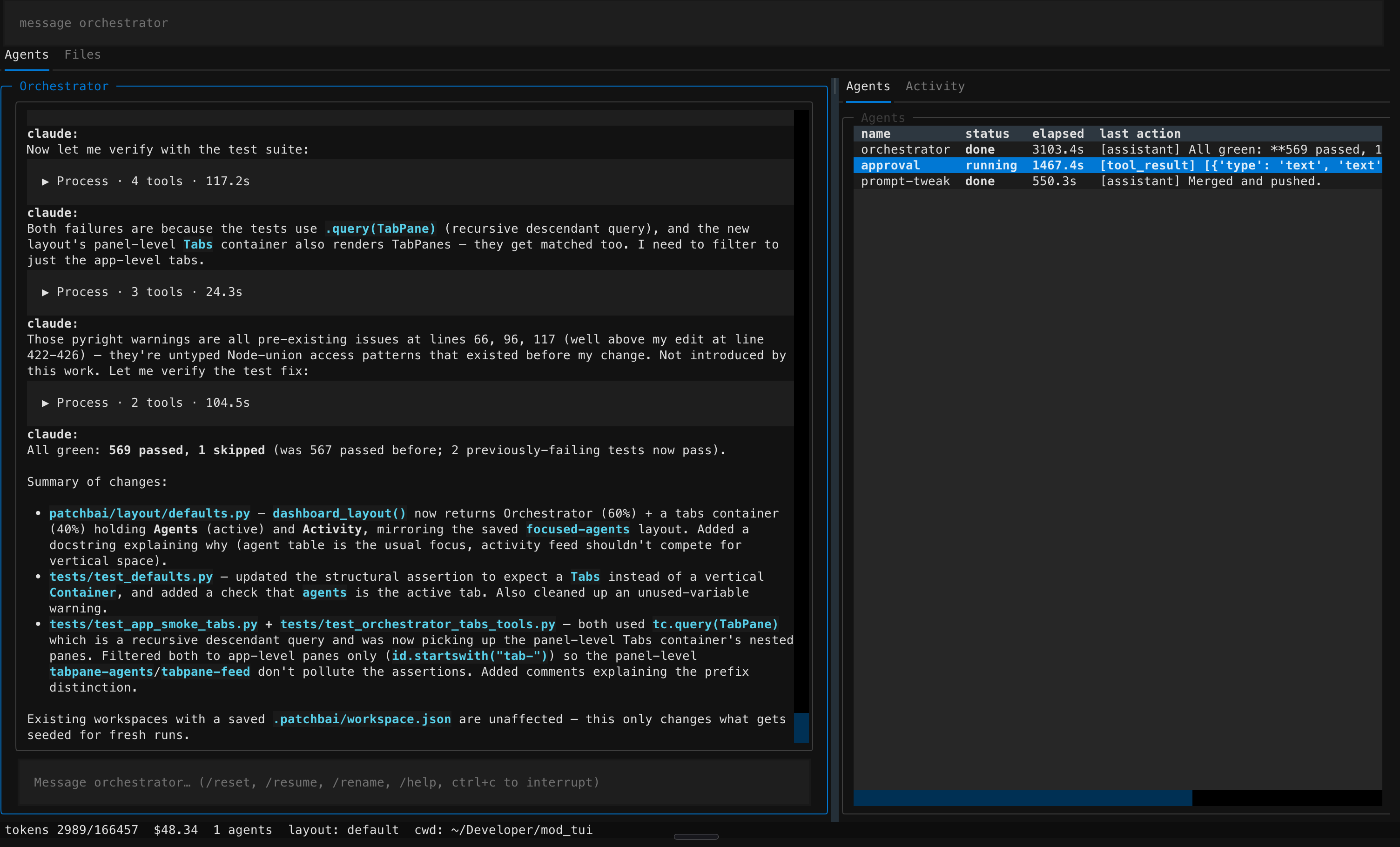 patchbai — orchestrator chat on the left, agent table and activity feed on the right