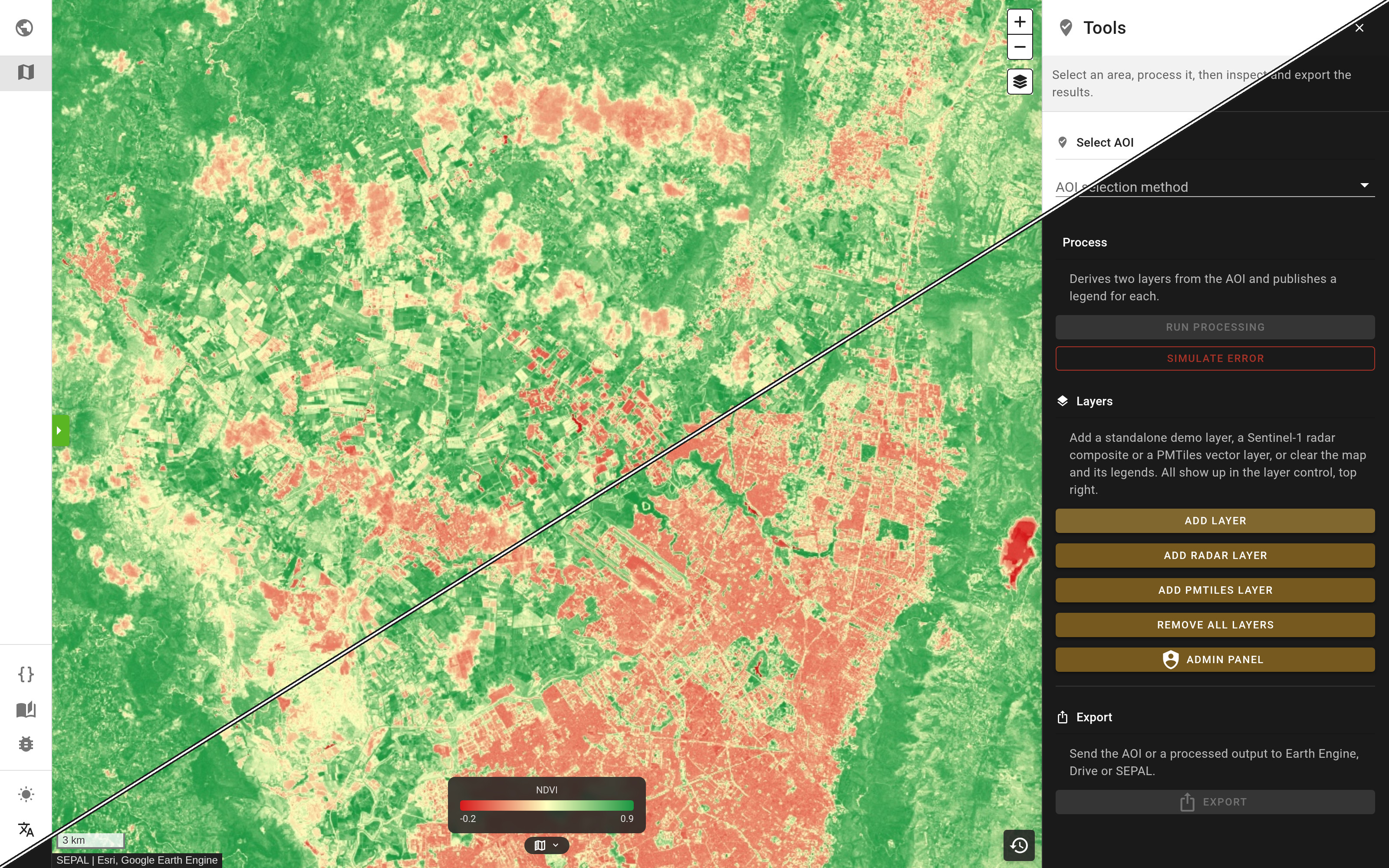 Sentinel-2 NDVI in the map demo, light and dark theme