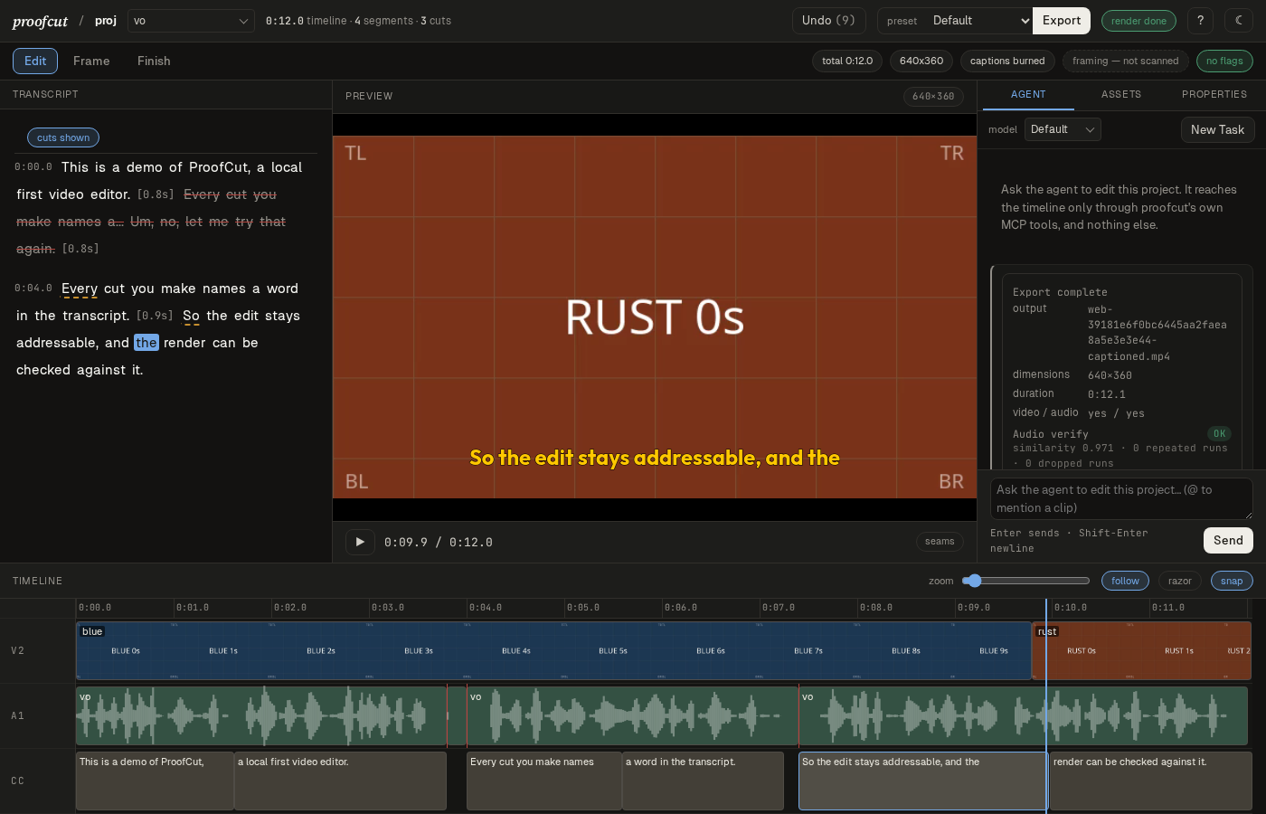 The proofcut workspace on the demo project: the transcript with a retake struck through, the preview drawing the shot under the playhead with its captions, the side rail on its agent tab reporting a finished render against the timeline, and the layered timeline below — picture, waveform and captions as three projections of one edit