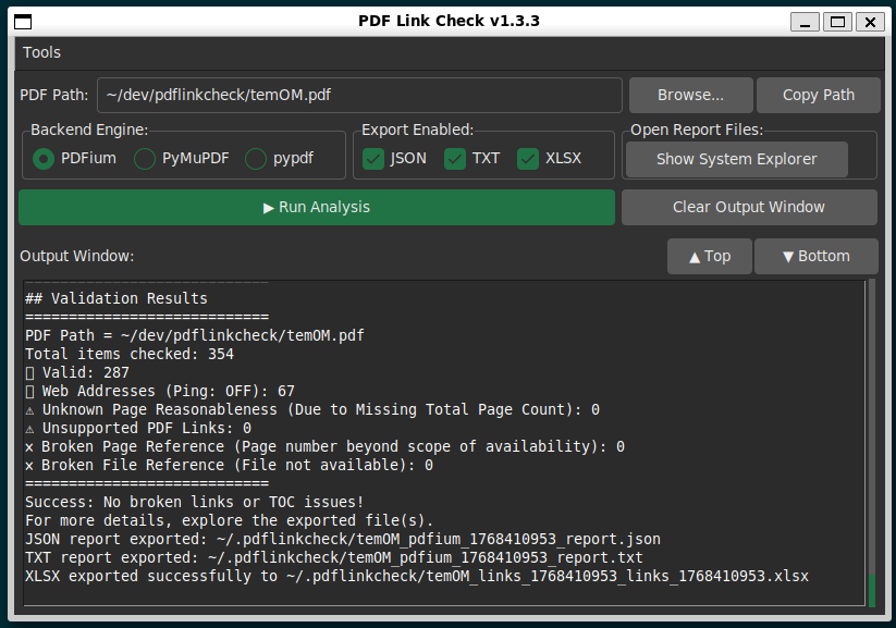 Screenshot of the pdflinkcheck GUI