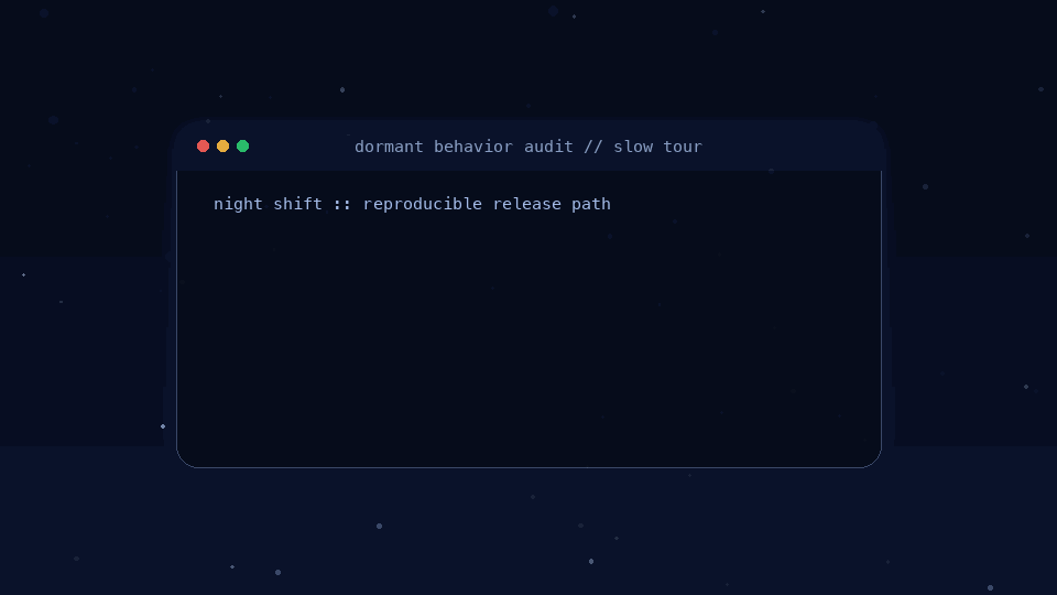 A minimal starry-night terminal animation showing the slow benchmark flow from charter to reference bundle to reproduction to claim checks to release.