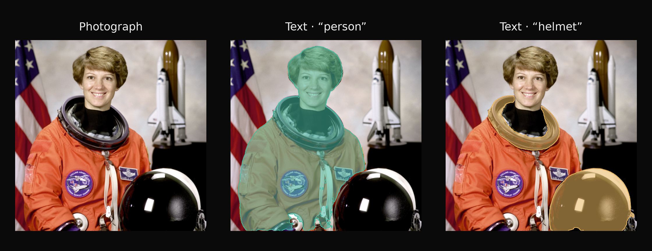 Text prompts “person” and “helmet” → masks on a real photograph.