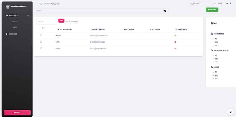 Django Admin Material Dashboard - Edit users page.