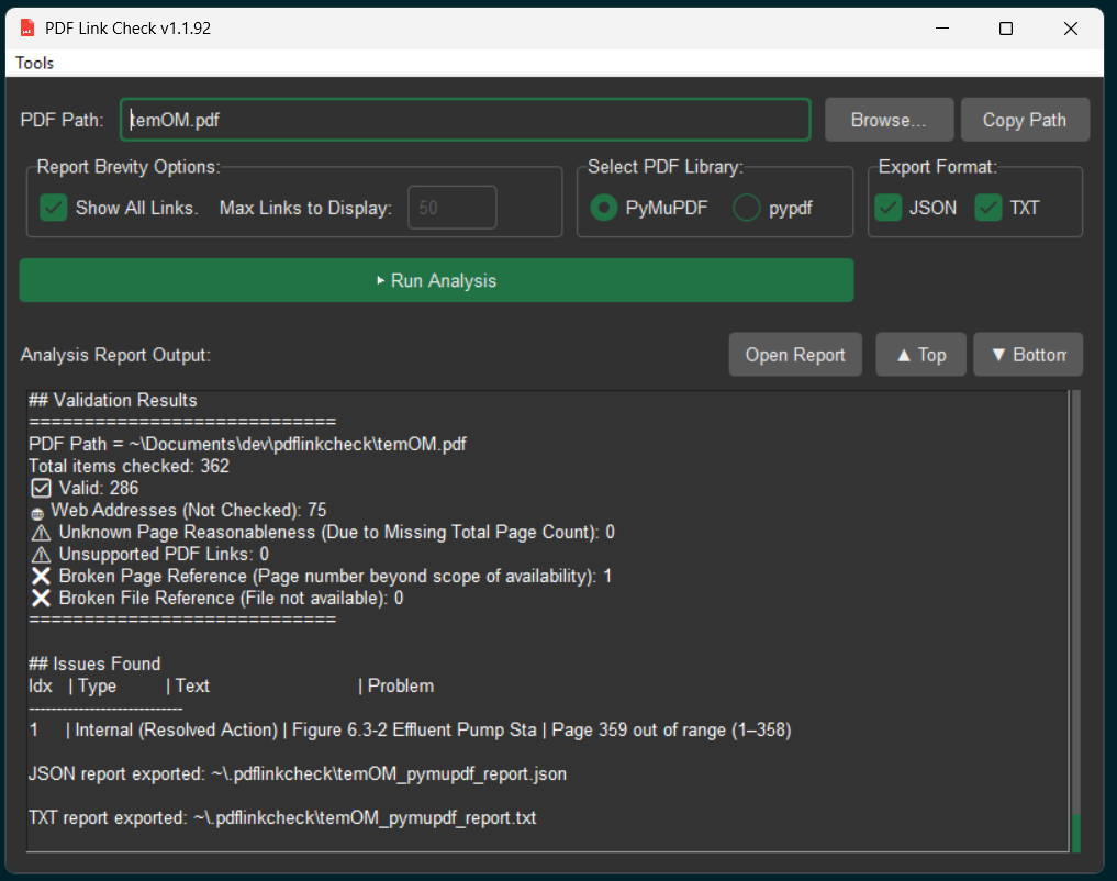 Screenshot of the pdflinkcheck GUI