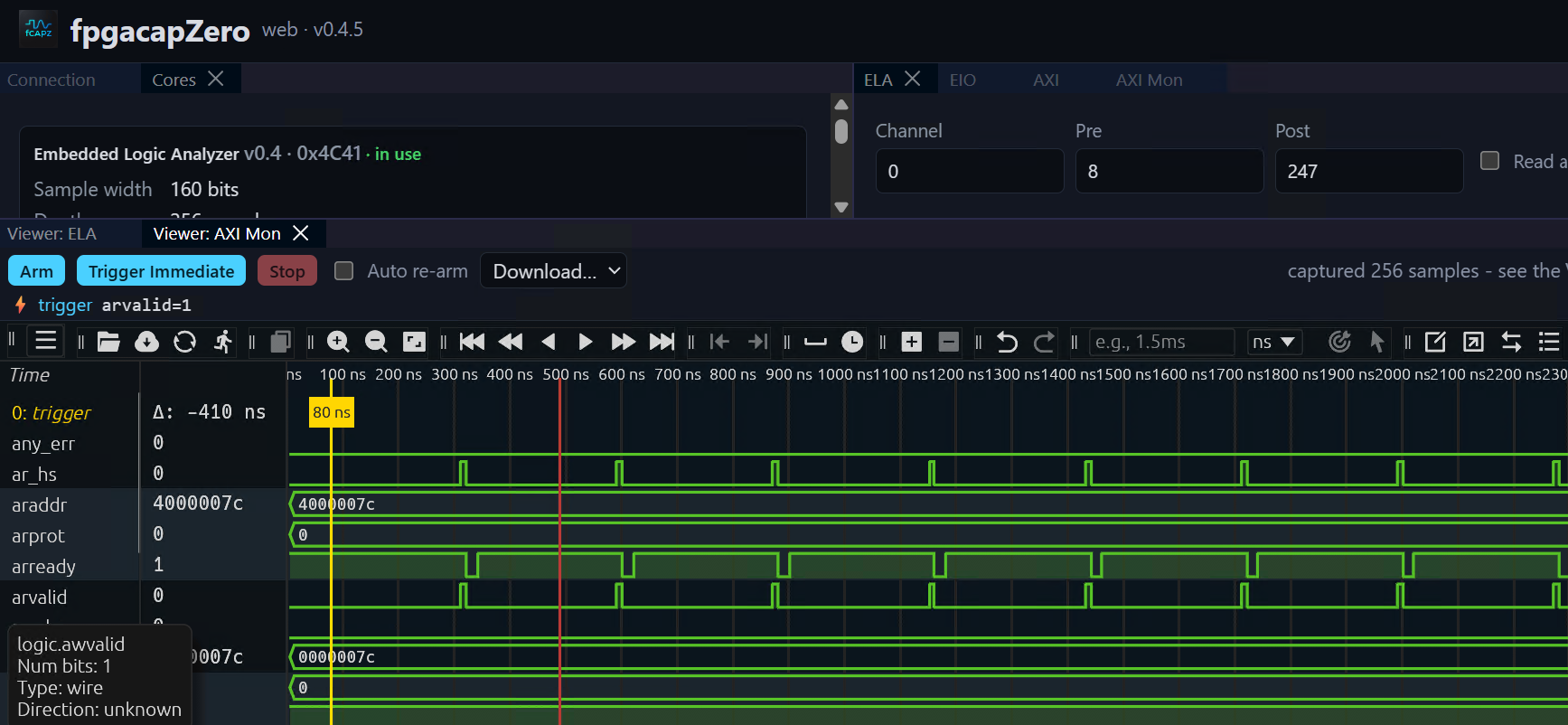 fcapz-web browser interface showing connection, ELA capture controls, and the embedded Surfer waveform viewer