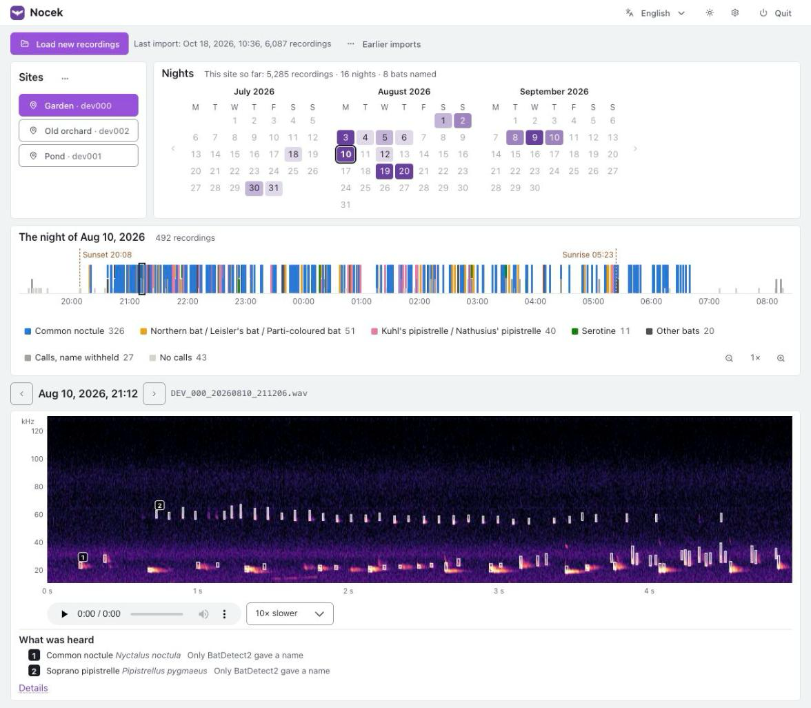 Nocek's main page: three sites, a calendar of nights, one night's recordings from sunset to sunrise, and a recording with two bats in its spectrogram