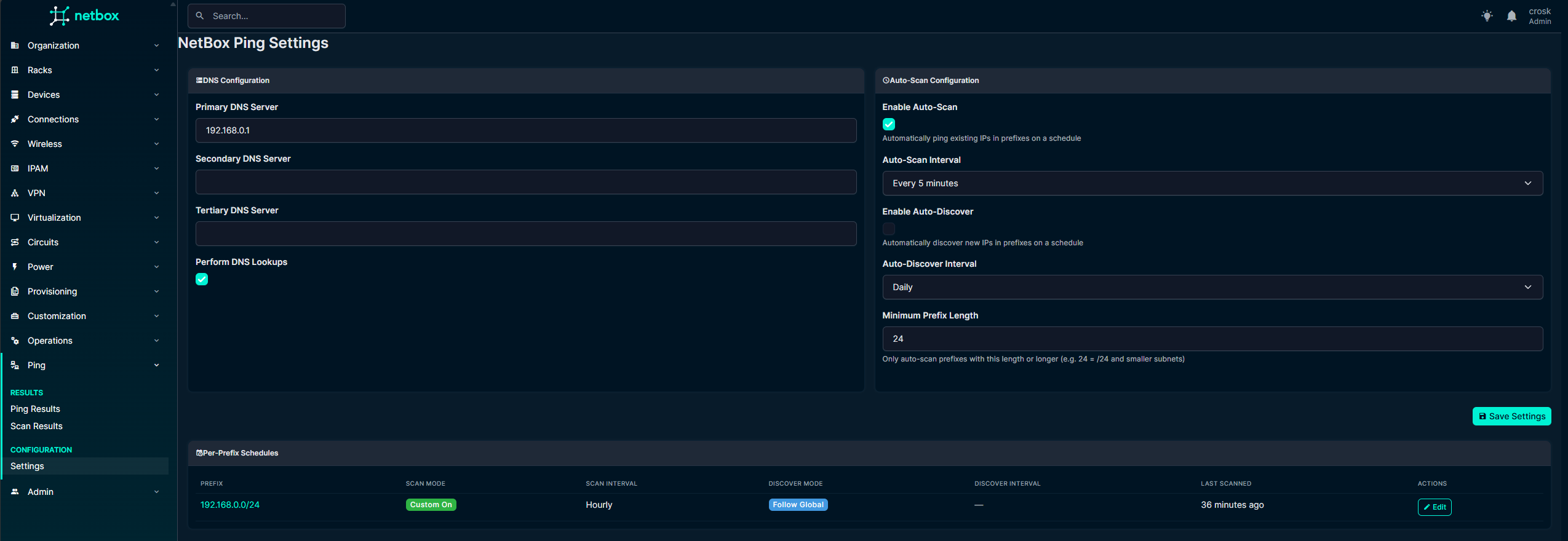 Settings page
