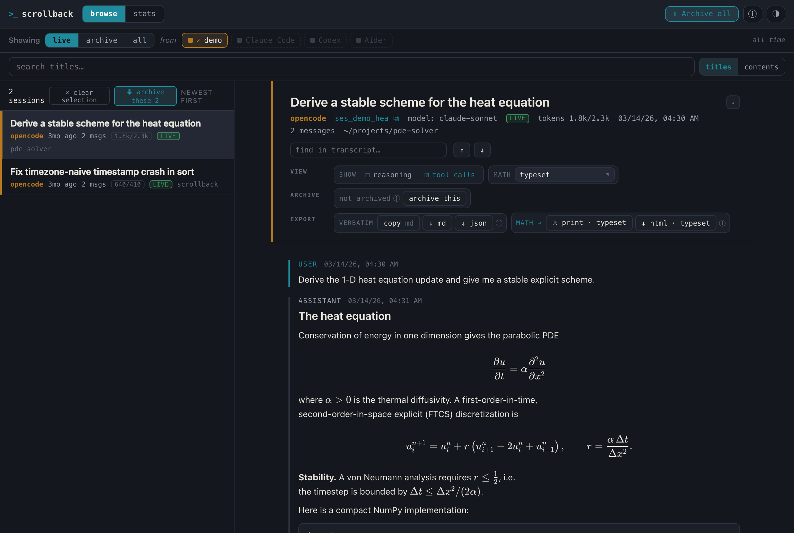 The scrollback web app showing a session list beside a transcript with rendered Markdown, highlighted code, and typeset equations.