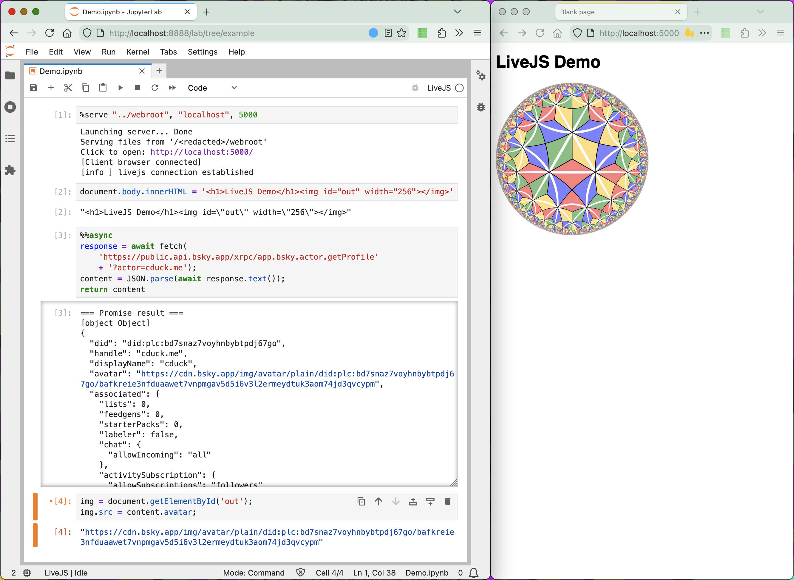Screenshot of Jupyter and a demo web page side-by-side showing the result of running the Demo.ipynb jupyter notebook