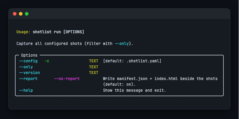 shotlist run options: --config, --only, and --version