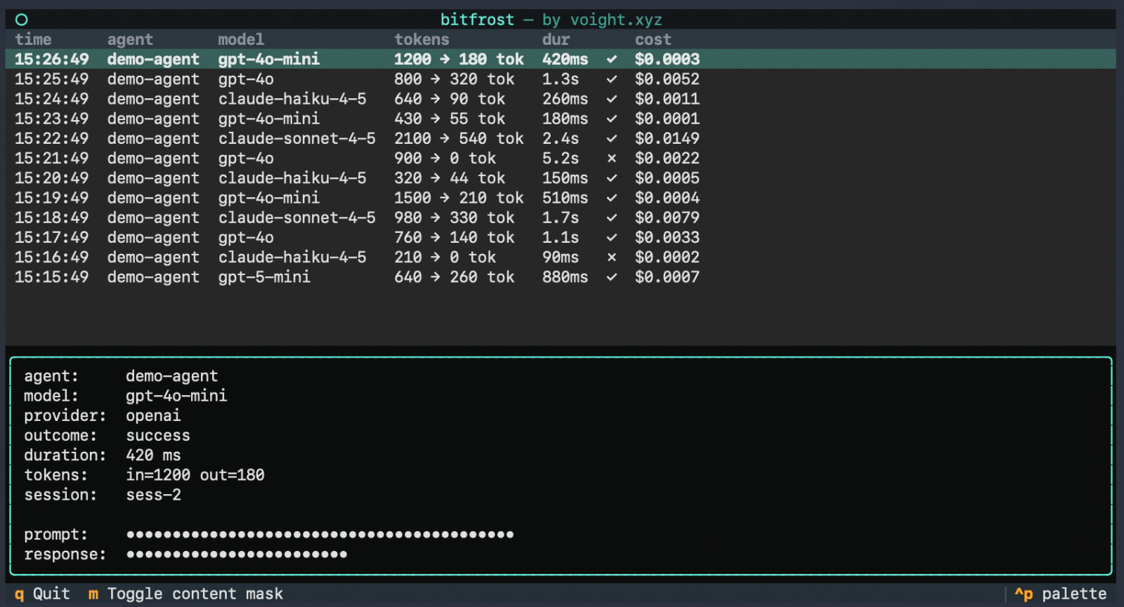 bitfrost tui — interactive terminal dashboard