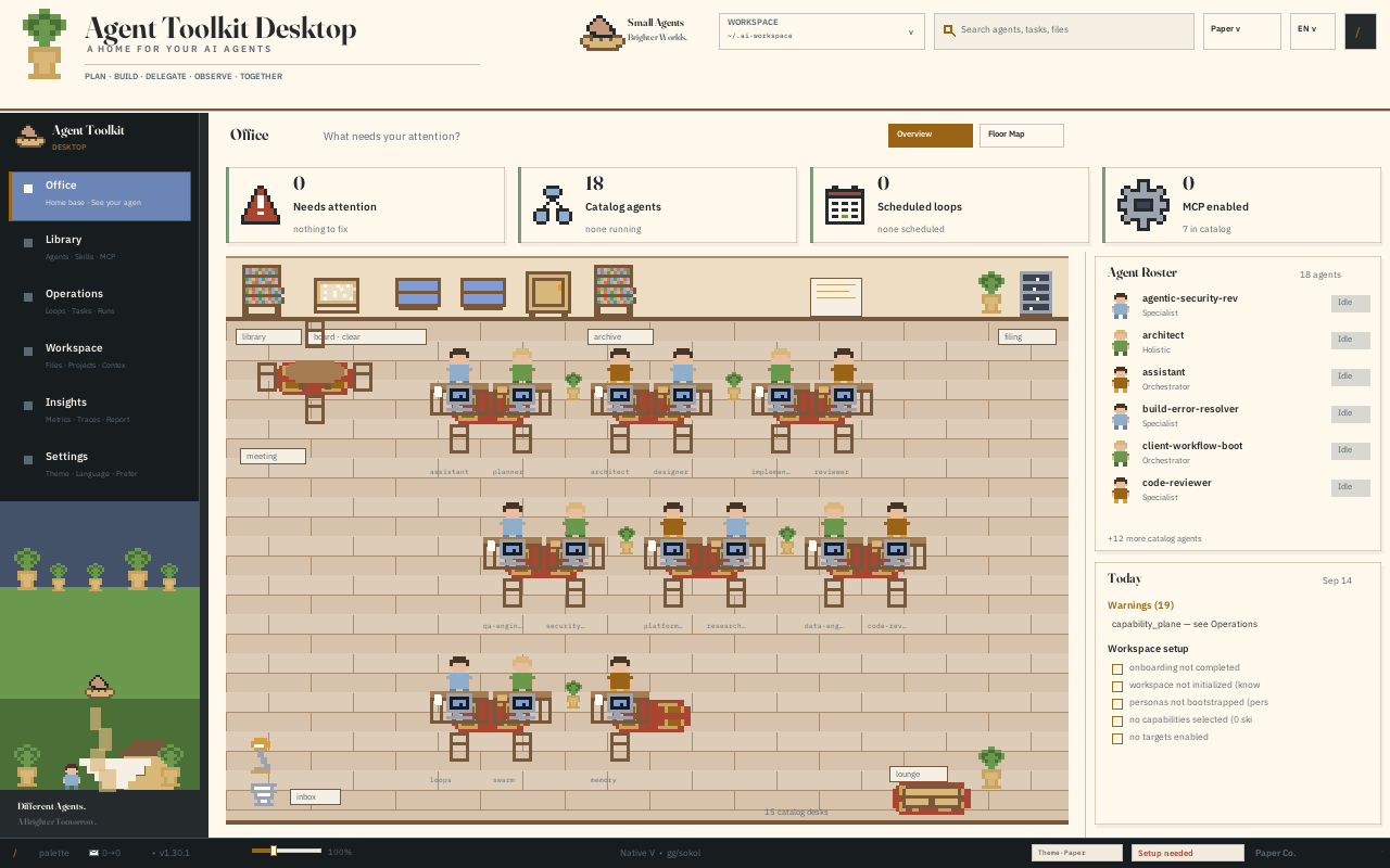 Agent Toolkit Desktop — Office floor with agent desks, roster, and embedded terminal