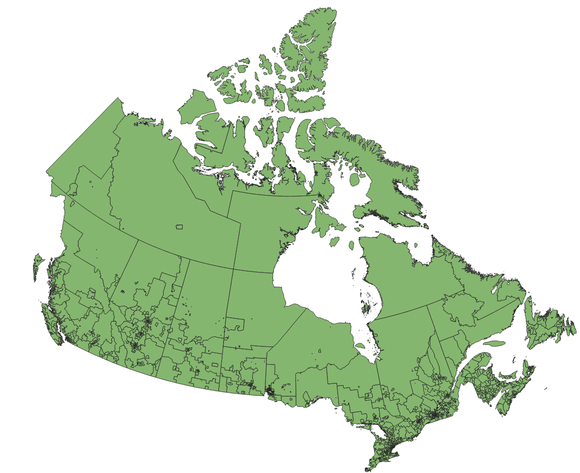 Map of Canada split into FSA postal regions as of 2016