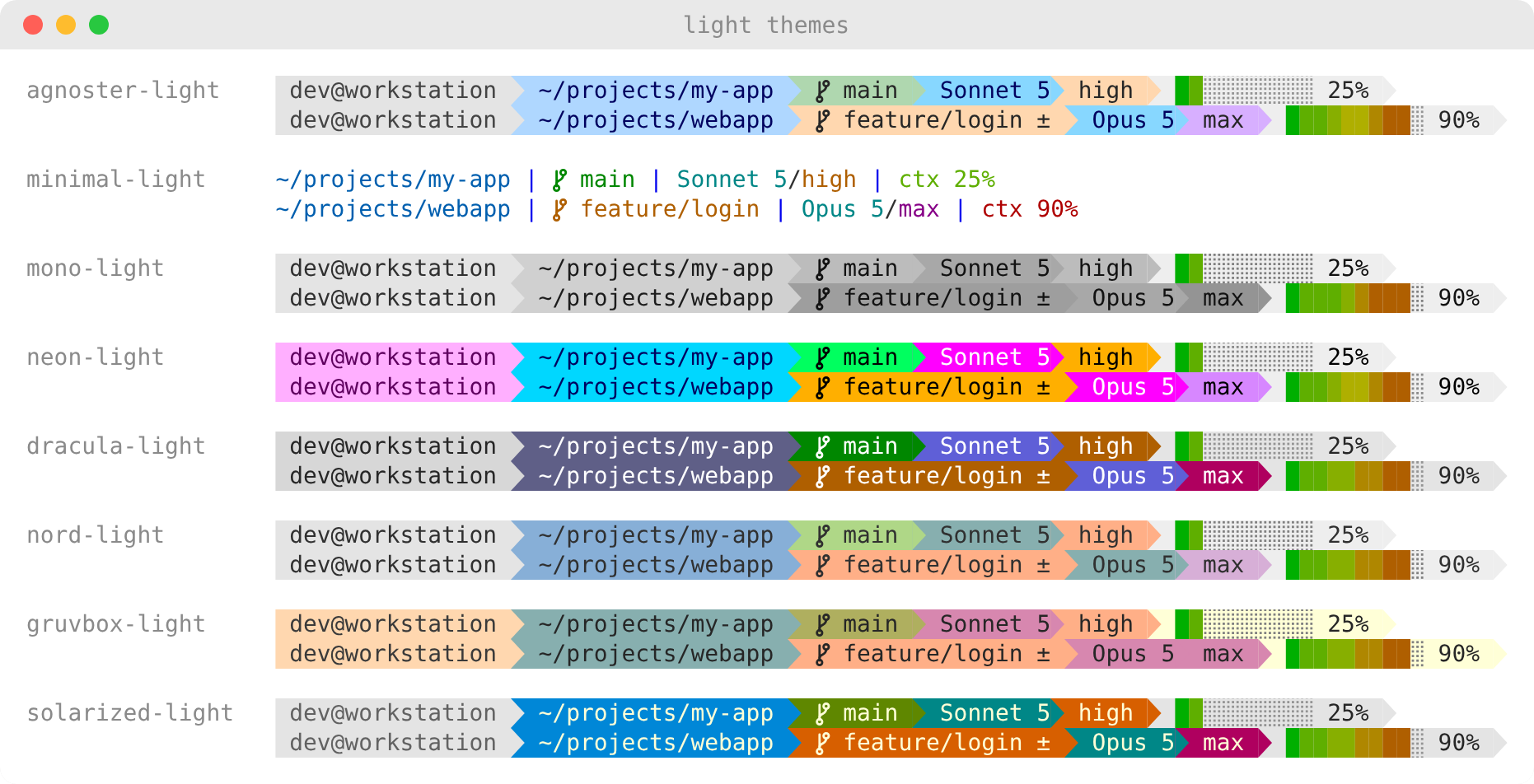 The eight light themes on a white terminal background