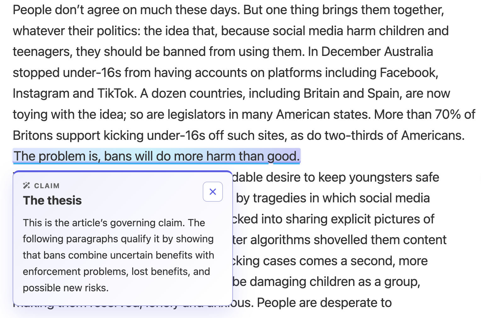 An AI explanation opens from a highlighted claim