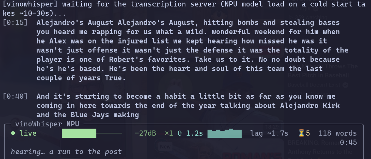 vinoWhisper captioning a video, with the status bar pinned at the bottom