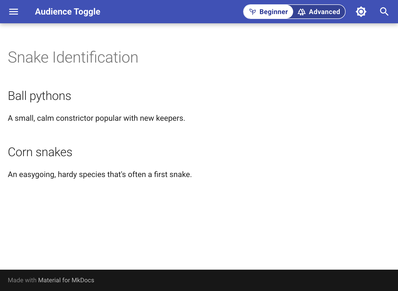 The page in Beginner mode: two sections