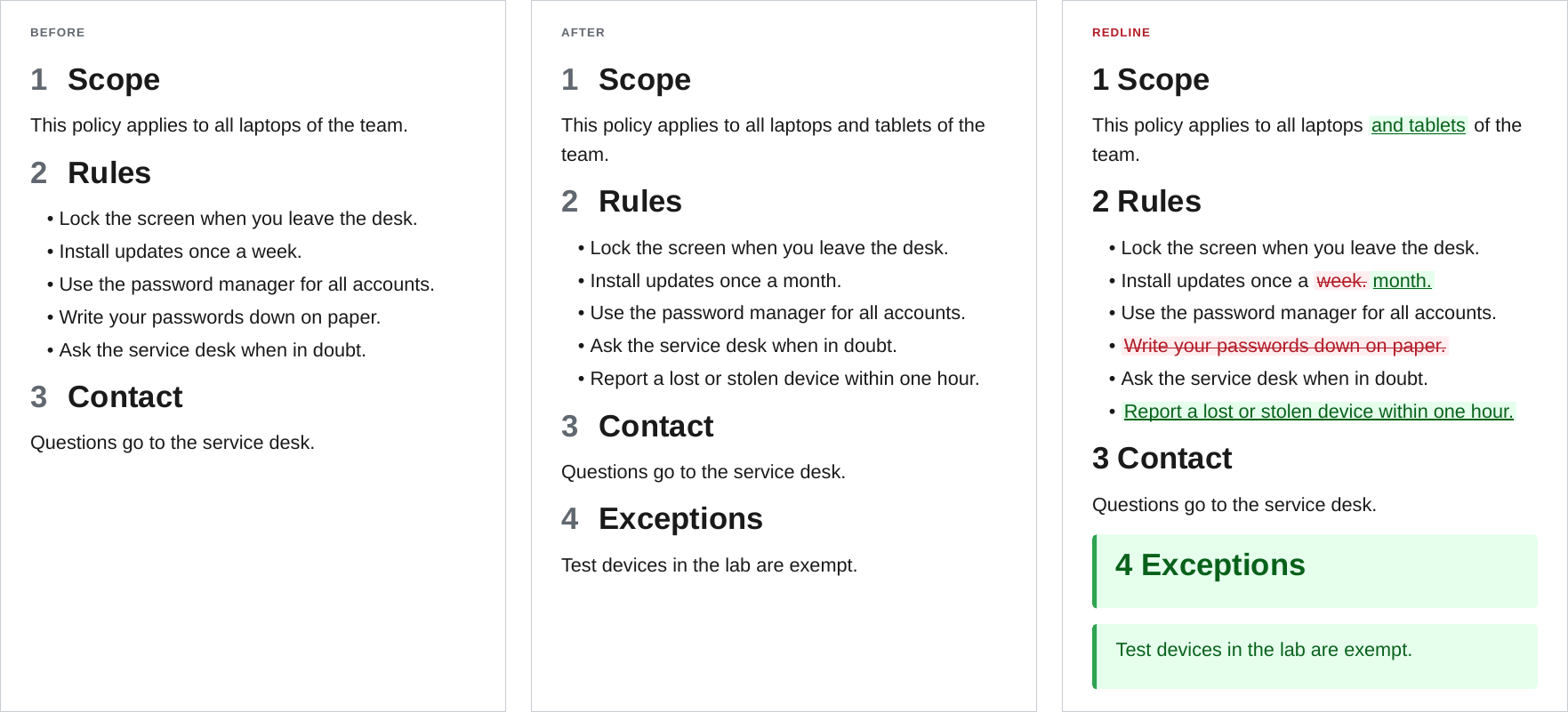 The same policy before and after a change, and the redline PDF with inserted, removed and changed text