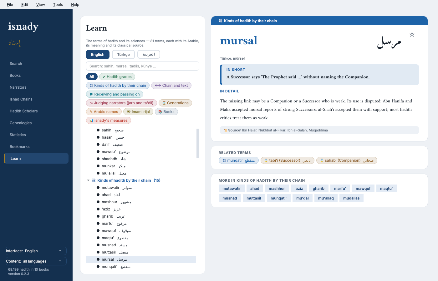 Learn — the term mursal in its category's colour: Arabic, In short, In detail, source, related terms