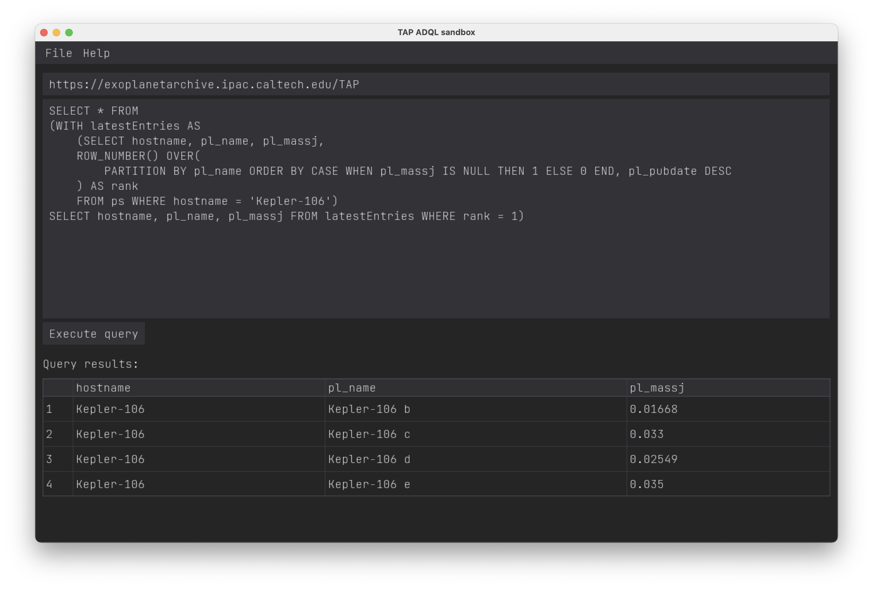 TAP ADQL sandbox application window