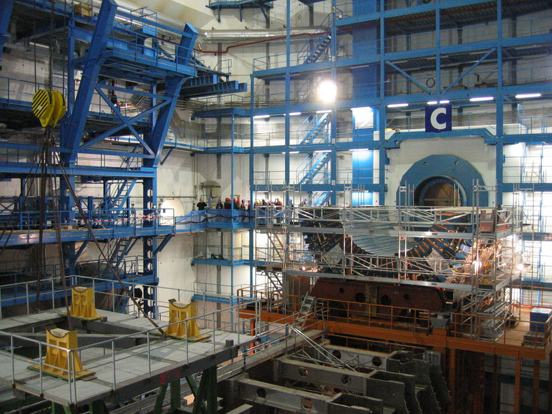 the ATLAS detector in its cavern during construction, end-cap open